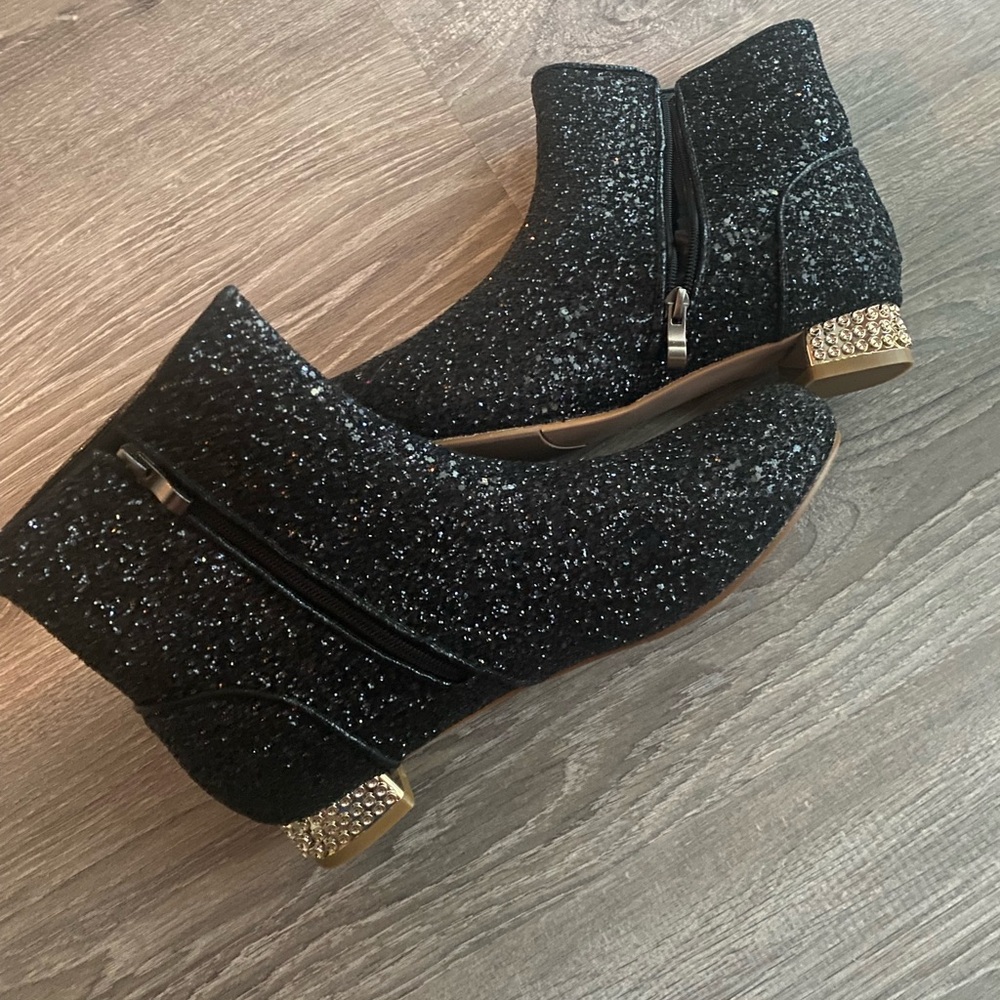 Black Glitter Ankle Boots with Gold Heel